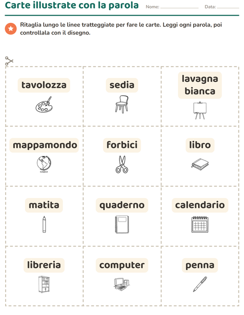 Anteprima della scheda di Carte illustrate con la parola con Aula 2 (B/N) per Scuola dell'infanzia (5-7 anni)