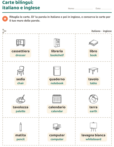 Anteprima della scheda di Carte illustrate con la parola con Aula 2 (B/N) per Scuola dell'infanzia (5-7 anni)