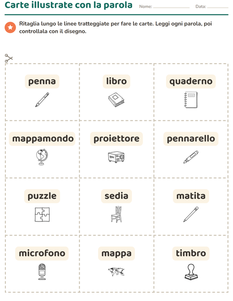 Anteprima della scheda di Carte illustrate con la parola con Aula (B/N) per Scuola dell'infanzia (5-7 anni)