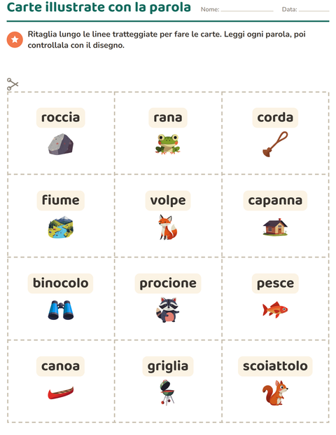 Anteprima della scheda di Carte illustrate con la parola con Campeggio per Scuola dell'infanzia (5-7 anni)