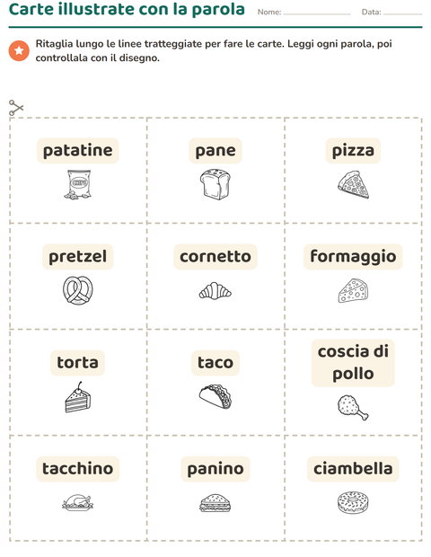 Anteprima della scheda di Carte illustrate con la parola con Cibo BN 2 per Scuola dell'infanzia (5-7 anni)