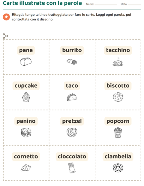 Anteprima della scheda di Carte illustrate con la parola con Cibo BN per Scuola dell'infanzia (5-7 anni)