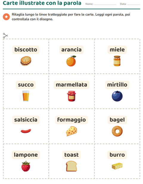 Anteprima della scheda di Carte illustrate con la parola con Colazione per Scuola dell'infanzia (5-7 anni)