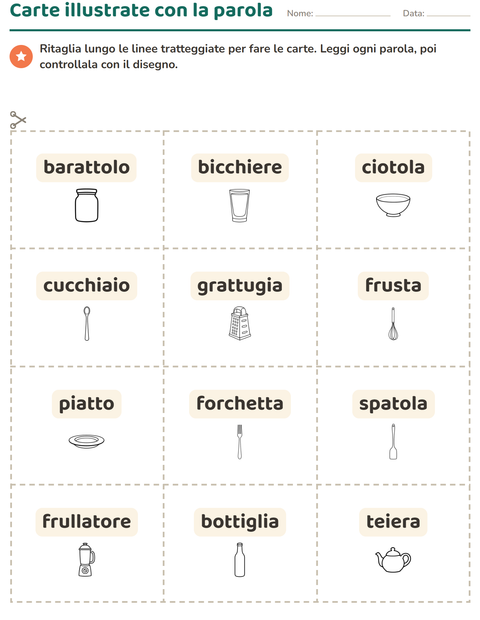 Anteprima della scheda di Carte illustrate con la parola con Cucina BN per Scuola dell'infanzia (5-7 anni)