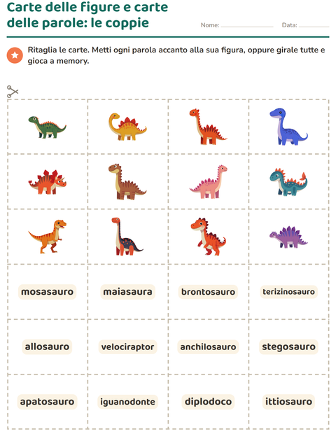 Anteprima della scheda di Carte illustrate con la parola con Dinosauri per Scuola dell'infanzia (5-7 anni)