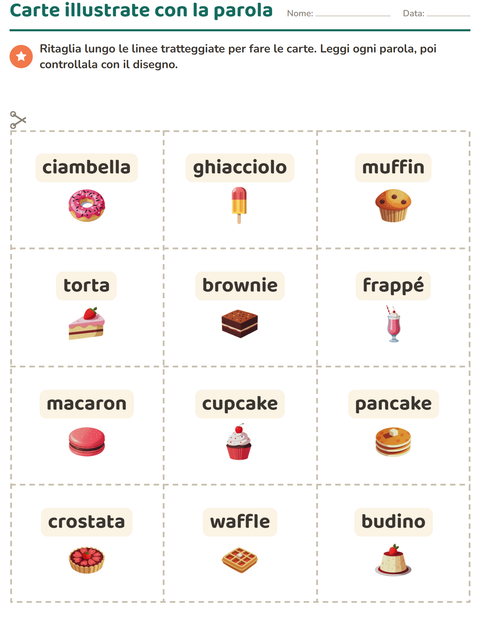 Anteprima della scheda di Carte illustrate con la parola con Dolci e dolciumi per Scuola dell'infanzia (5-7 anni)