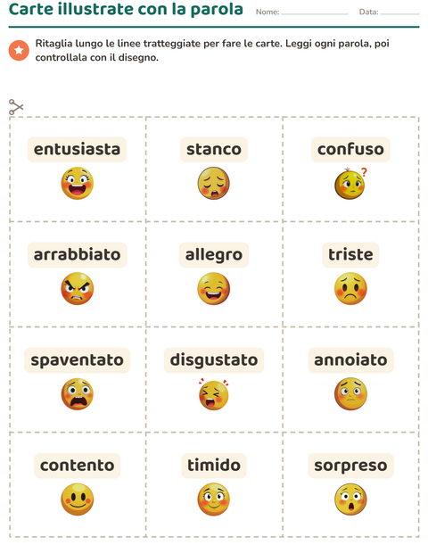 Anteprima della scheda di Carte illustrate con la parola con Emozioni per Scuola dell'infanzia (5-7 anni)