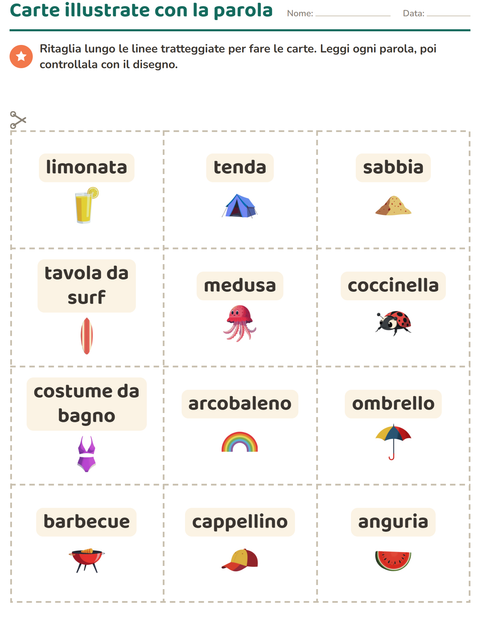 Anteprima della scheda di Carte illustrate con la parola con Estate per Scuola dell'infanzia (5-7 anni)