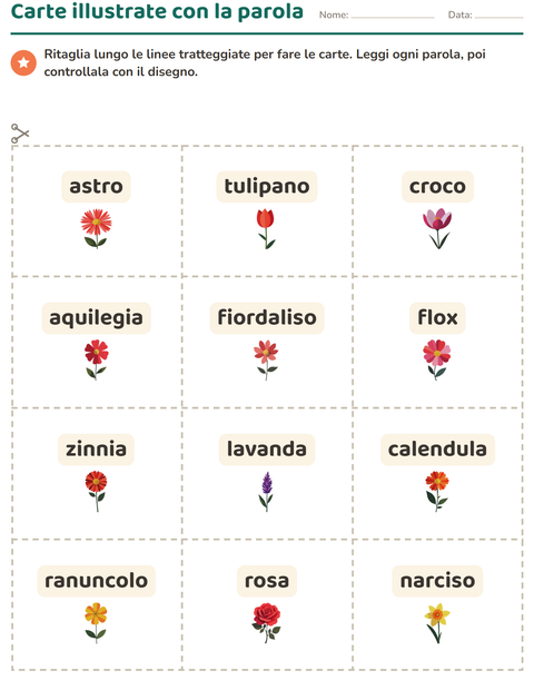Anteprima della scheda di Carte illustrate con la parola con Fiori per Scuola dell'infanzia (5-7 anni)