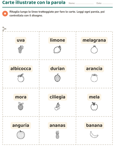 Anteprima della scheda di Carte illustrate con la parola con Frutta BN per Scuola dell'infanzia (5-7 anni)