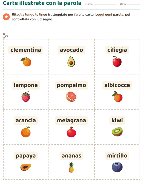 Anteprima della scheda di Carte illustrate con la parola con Frutta per Scuola dell'infanzia (5-7 anni)