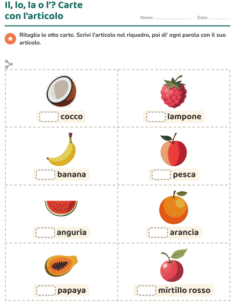 Anteprima della scheda di Carte illustrate con la parola con Frutta per Scuola dell'infanzia (5-7 anni)