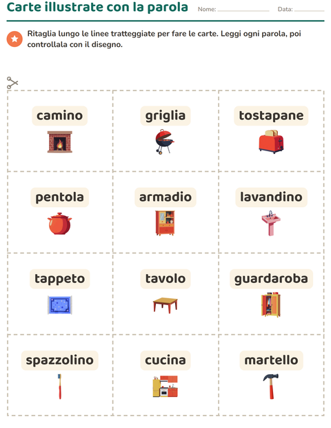 Anteprima della scheda di Carte illustrate con la parola con In giro per casa per Scuola dell'infanzia (5-7 anni)