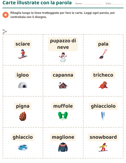 Anteprima della scheda di Carte illustrate con la parola con Inverno per Scuola dell'infanzia (5-7 anni)