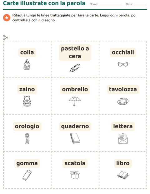 Anteprima della scheda di Carte illustrate con la parola con Istruzione BN per Scuola dell'infanzia (5-7 anni)