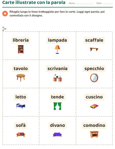 Anteprima della scheda di Carte illustrate con la parola con Mobili per Scuola dell'infanzia (5-7 anni)
