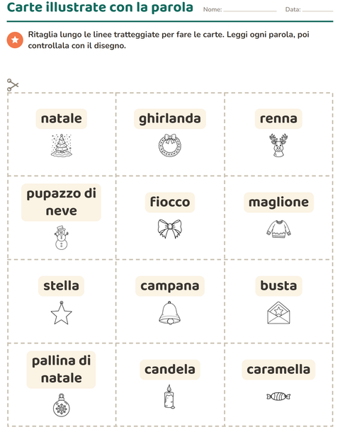 Anteprima della scheda di Carte illustrate con la parola con Natale B&N per Scuola dell'infanzia (5-7 anni)