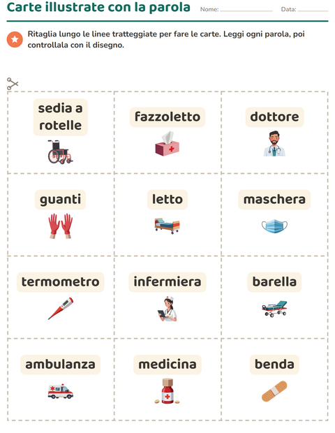 Anteprima della scheda di Carte illustrate con la parola con Ospedale per Scuola dell'infanzia (5-7 anni)