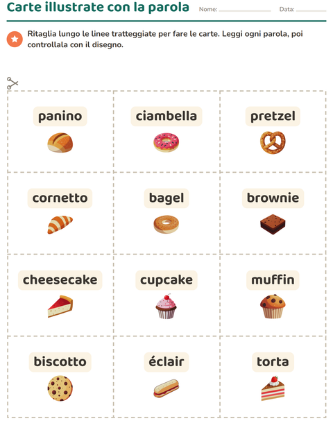 Anteprima della scheda di Carte illustrate con la parola con Panetteria per Scuola dell'infanzia (5-7 anni)