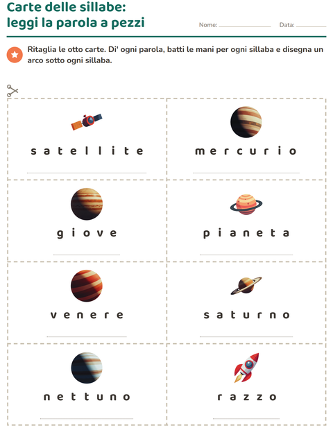 Anteprima della scheda di Carte illustrate con la parola con Spazio per Scuola primaria classe prima