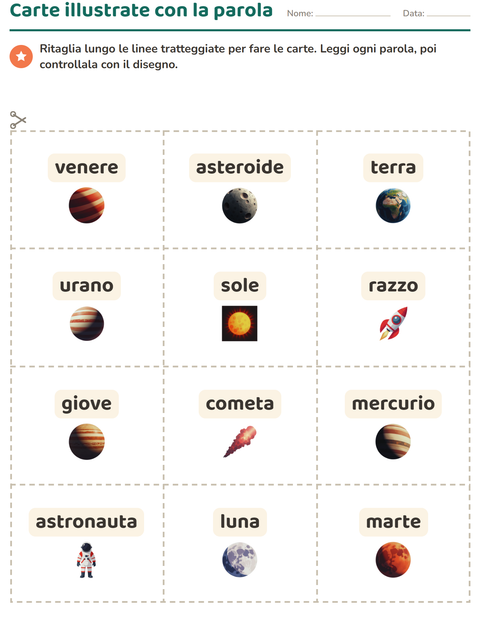 Anteprima della scheda di Carte illustrate con la parola con Spazio per Scuola dell'infanzia (5-7 anni)