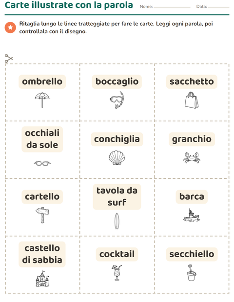 Anteprima della scheda di Carte illustrate con la parola con Spiaggia BN 2 per Scuola dell'infanzia (5-7 anni)