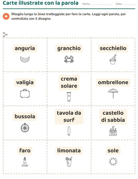 Anteprima della scheda di Carte illustrate con la parola con Spiaggia BN per Scuola dell'infanzia (5-7 anni)