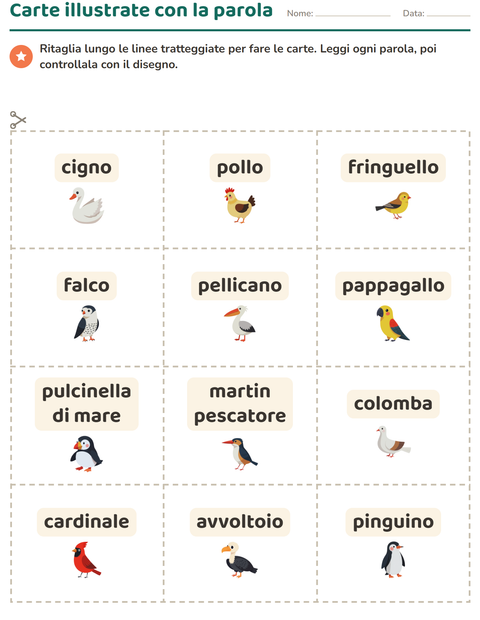 Anteprima della scheda di Carte illustrate con la parola con Uccelli 2 per Scuola dell'infanzia (5-7 anni)