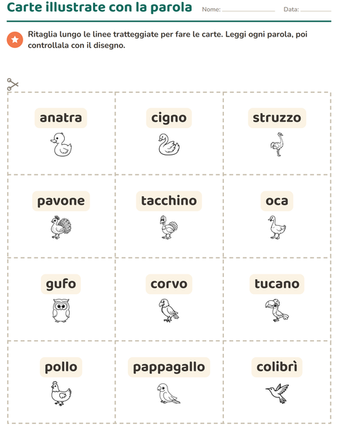 Anteprima della scheda di Carte illustrate con la parola con Uccelli B&N 2 per Scuola dell'infanzia (5-7 anni)