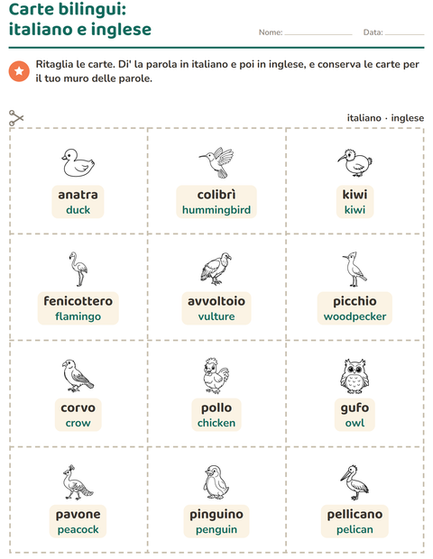 Anteprima della scheda di Carte illustrate con la parola con Uccelli B&N per Scuola dell'infanzia (5-7 anni)