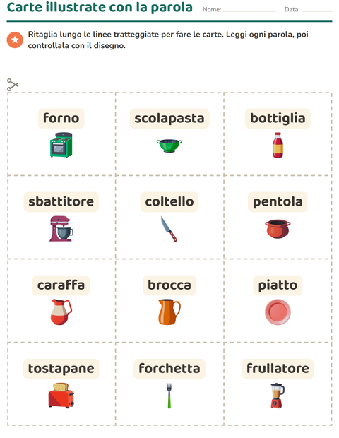 Anteprima della scheda di Carte illustrate con la parola con Utensili da cucina per Scuola dell'infanzia (5-7 anni)