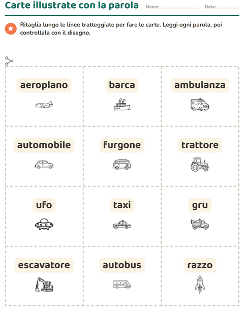 Anteprima della scheda di Carte illustrate con la parola con Veicoli BN 2 per Scuola dell'infanzia (5-7 anni)