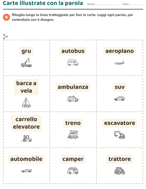 Anteprima della scheda di Carte illustrate con la parola con Veicoli BN per Scuola dell'infanzia (5-7 anni)
