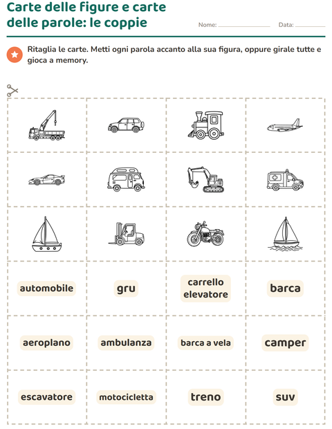 Anteprima della scheda di Carte illustrate con la parola con Veicoli BN per Scuola dell'infanzia (5-7 anni)