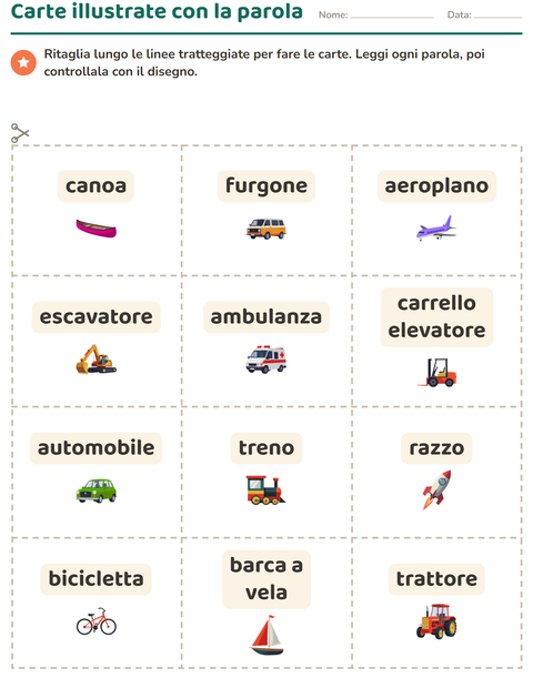 Anteprima della scheda di Carte illustrate con la parola con Veicoli per Scuola dell'infanzia (5-7 anni)