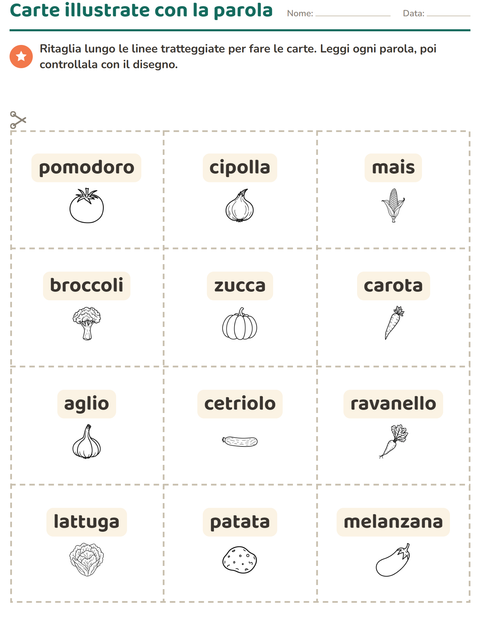 Anteprima della scheda di Carte illustrate con la parola con Verdure BN per Scuola dell'infanzia (5-7 anni)
