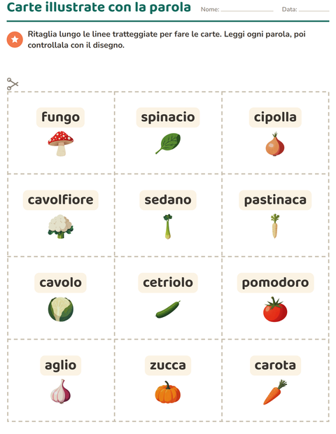 Anteprima della scheda di Carte illustrate con la parola con Verdure per Scuola dell'infanzia (5-7 anni)