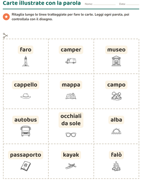 Anteprima della scheda di Carte illustrate con la parola con Viaggi e Vacanze BN per Scuola dell'infanzia (5-7 anni)