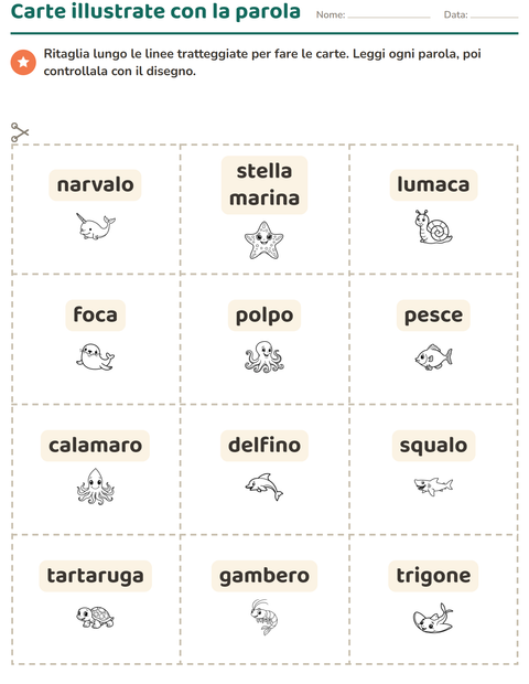 Anteprima della scheda di Carte illustrate con la parola con Vita marina BN 2 per Scuola dell'infanzia (5-7 anni)