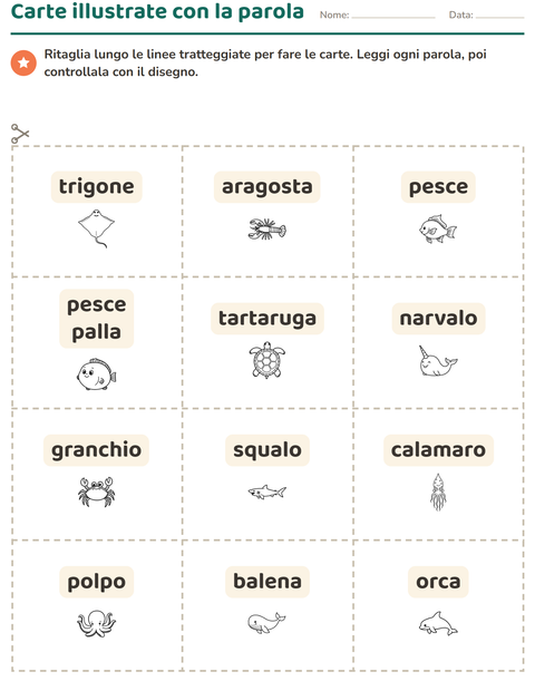 Anteprima della scheda di Carte illustrate con la parola con Vita marina BN per Scuola dell'infanzia (5-7 anni)