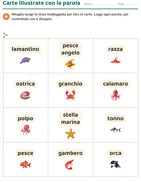 Anteprima della scheda di Carte illustrate con la parola con Vita oceanica per Scuola dell'infanzia (5-7 anni)