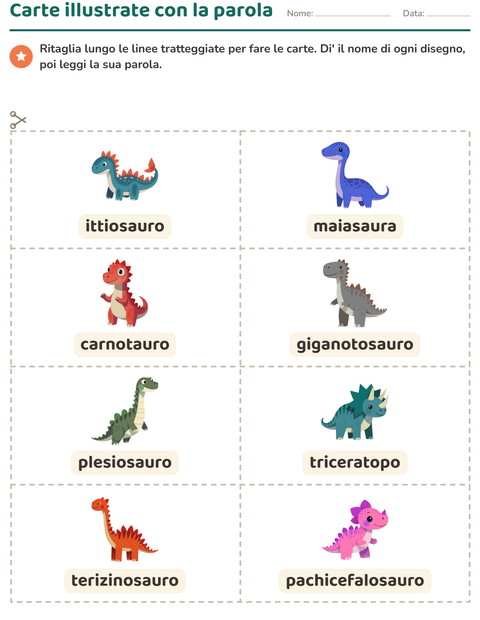 Anteprima della scheda di Carte illustrate con la parola con Dinosauri per Scuola dell'infanzia (5-7 anni)
