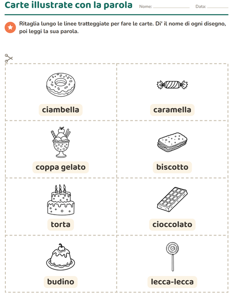 Anteprima della scheda di Carte illustrate con la parola con Dolce (B/N) per Scuola dell'infanzia (5-7 anni)