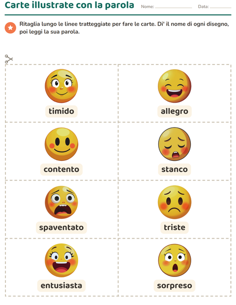 Anteprima della scheda di Carte illustrate con la parola con Emozioni per Scuola dell'infanzia (5-7 anni)