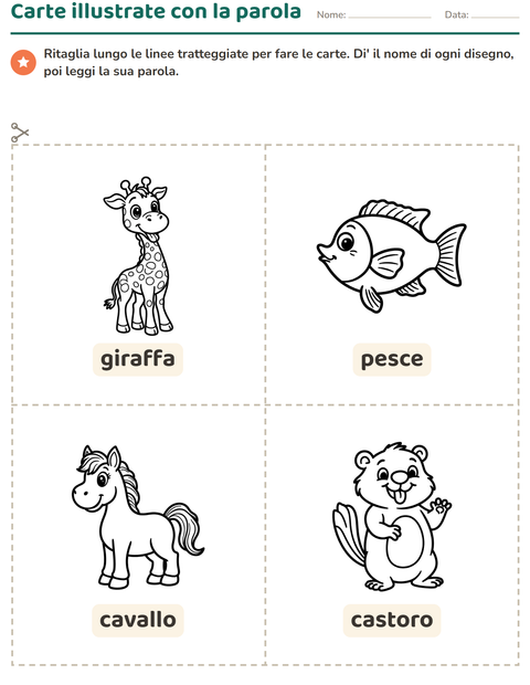 Anteprima della scheda di Carte illustrate con la parola con Animali BN per Scuola dell'infanzia (5-7 anni)