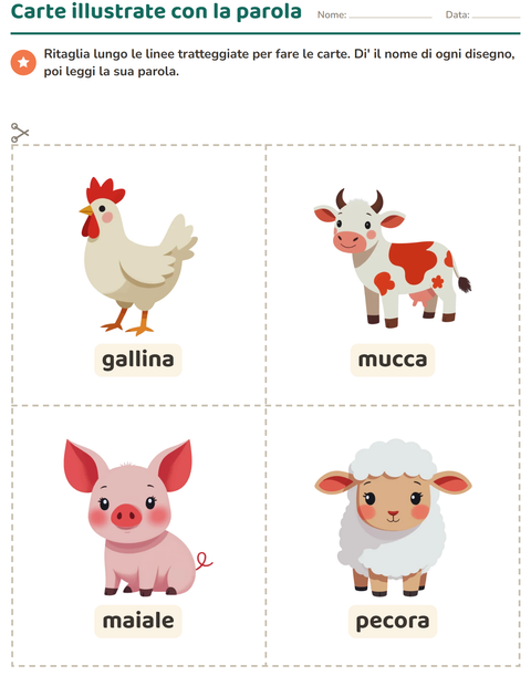Anteprima della scheda di Carte illustrate con la parola con Animali della fattoria per Scuola dell'infanzia (5-7 anni)