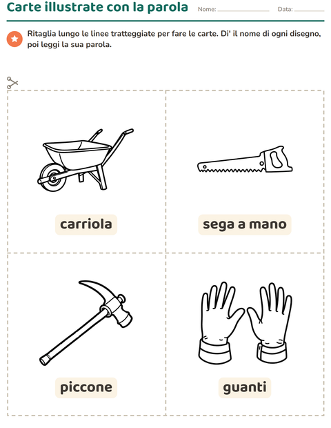Anteprima della scheda di Carte illustrate con la parola con Attrezzi BN per Scuola dell'infanzia (5-7 anni)