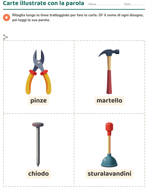 Anteprima della scheda di Carte illustrate con la parola con Attrezzi per Scuola dell'infanzia (5-7 anni)