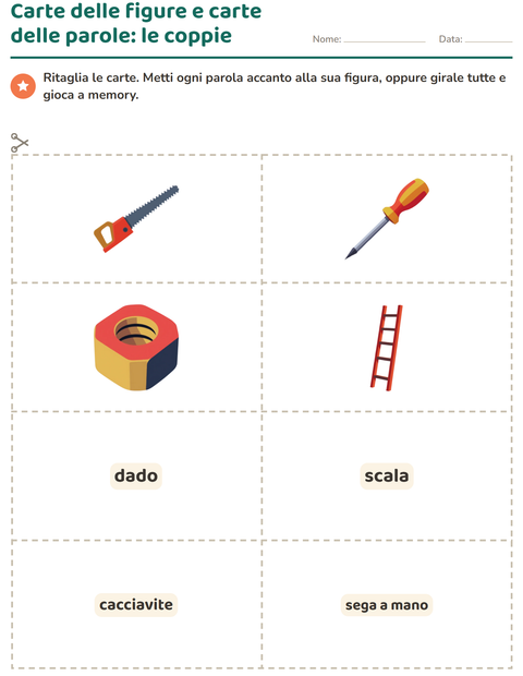 Anteprima della scheda di Carte illustrate con la parola con Attrezzi per Scuola dell'infanzia (5-7 anni)