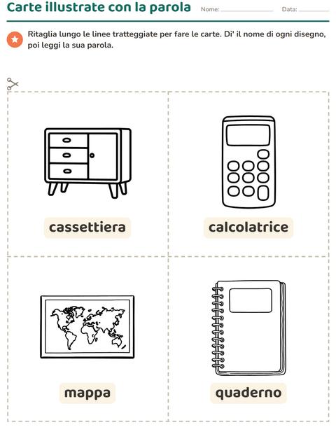 Anteprima della scheda di Carte illustrate con la parola con Aula 2 (B/N) per Scuola dell'infanzia (5-7 anni)